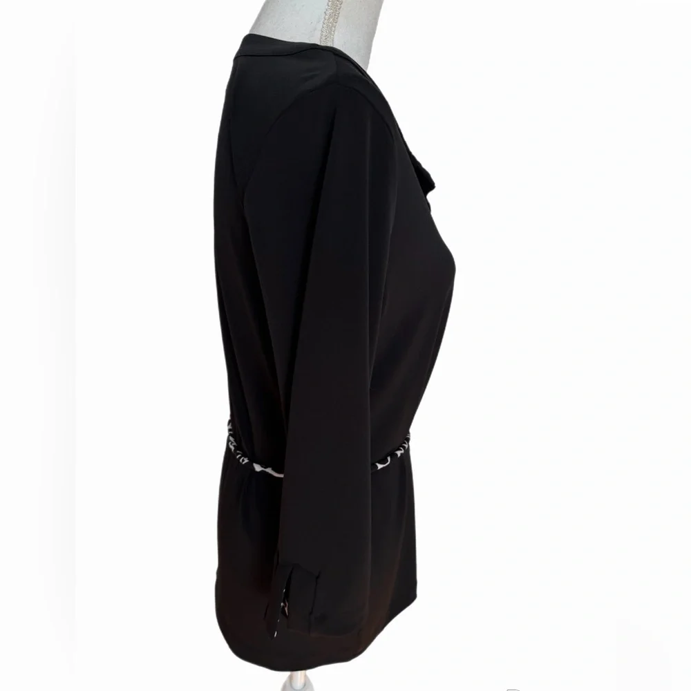Dana Buchman Black Tunic Top Small Animal Print Trim Tie Waist 3/4 Sleeve Blouse - Picture 3 of 7